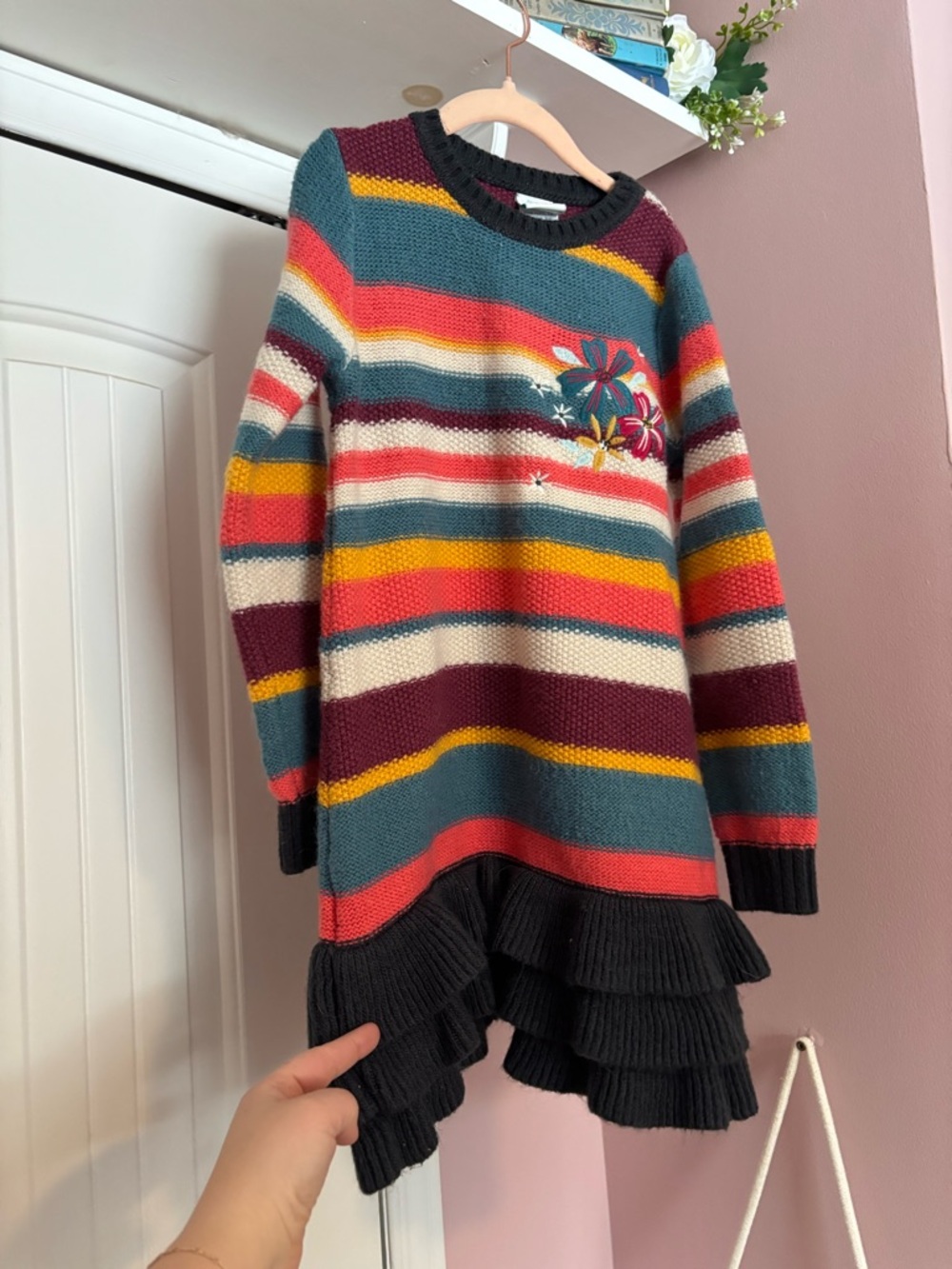 Colorful Striped Sweater Dress with Ruffle Hem